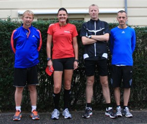 Startfeltet til Fredskov Marathon, Løb 66, 366/T365. Tony Gren, Annette Fredskov, Brian Greve-Rasmussen, Carsten Jensen (Jonas Ørum nåede ikke startbilledet) 