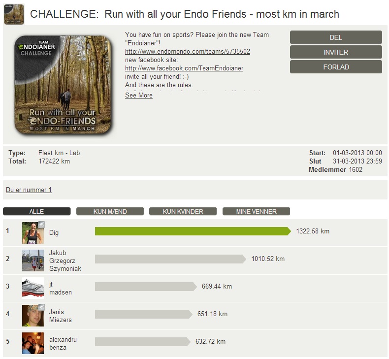 Challenge 2013.03.31 - Run with all your Endo Friends - most km in march